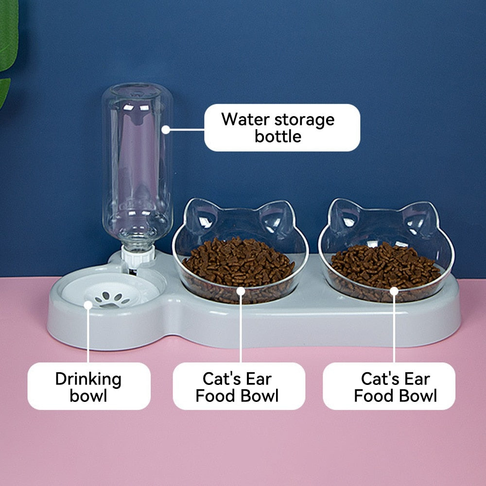 Double cat food bowl with integrated water dispenser - 1.8 liter capacity