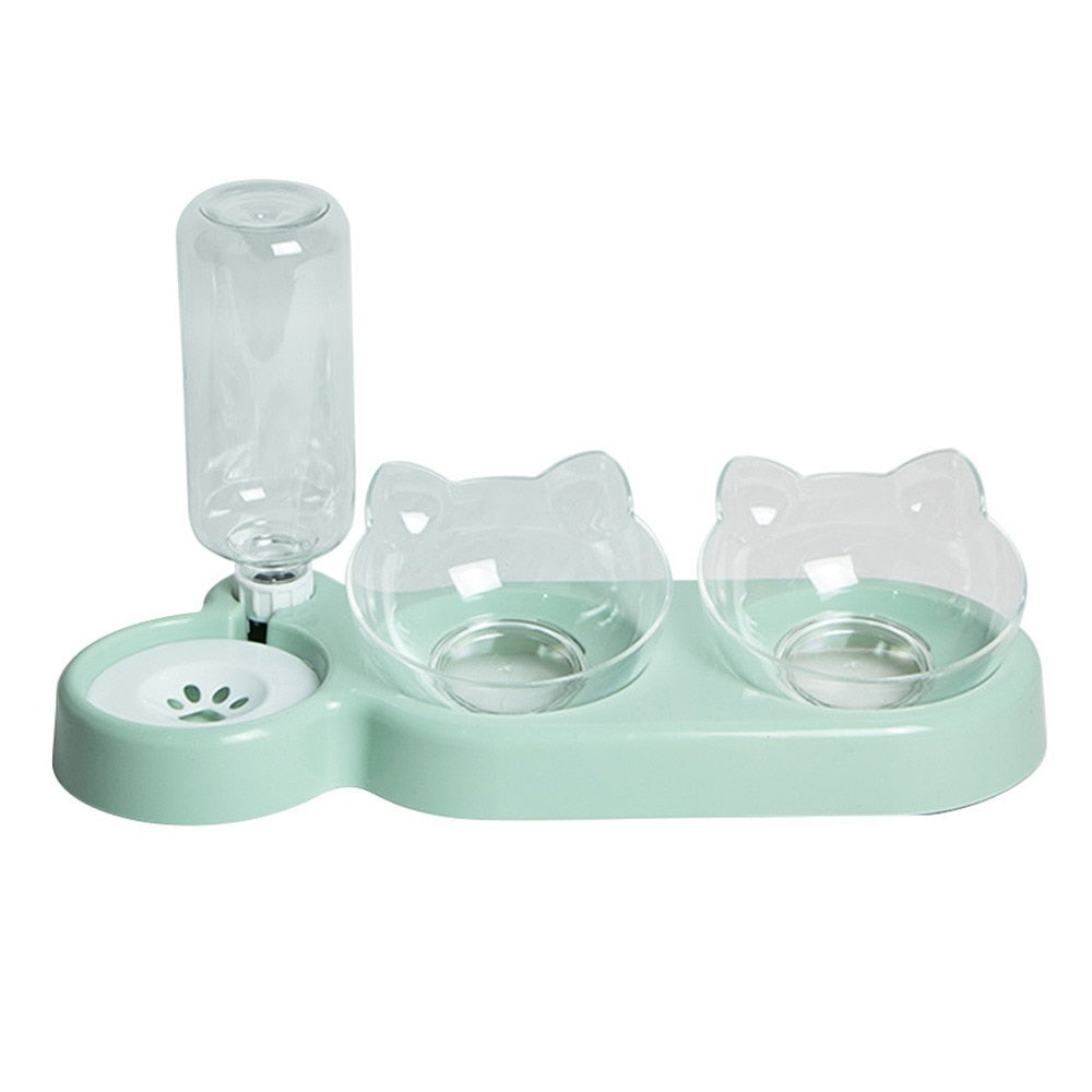 Double cat food bowl with integrated water dispenser - 1.8 liter capacity