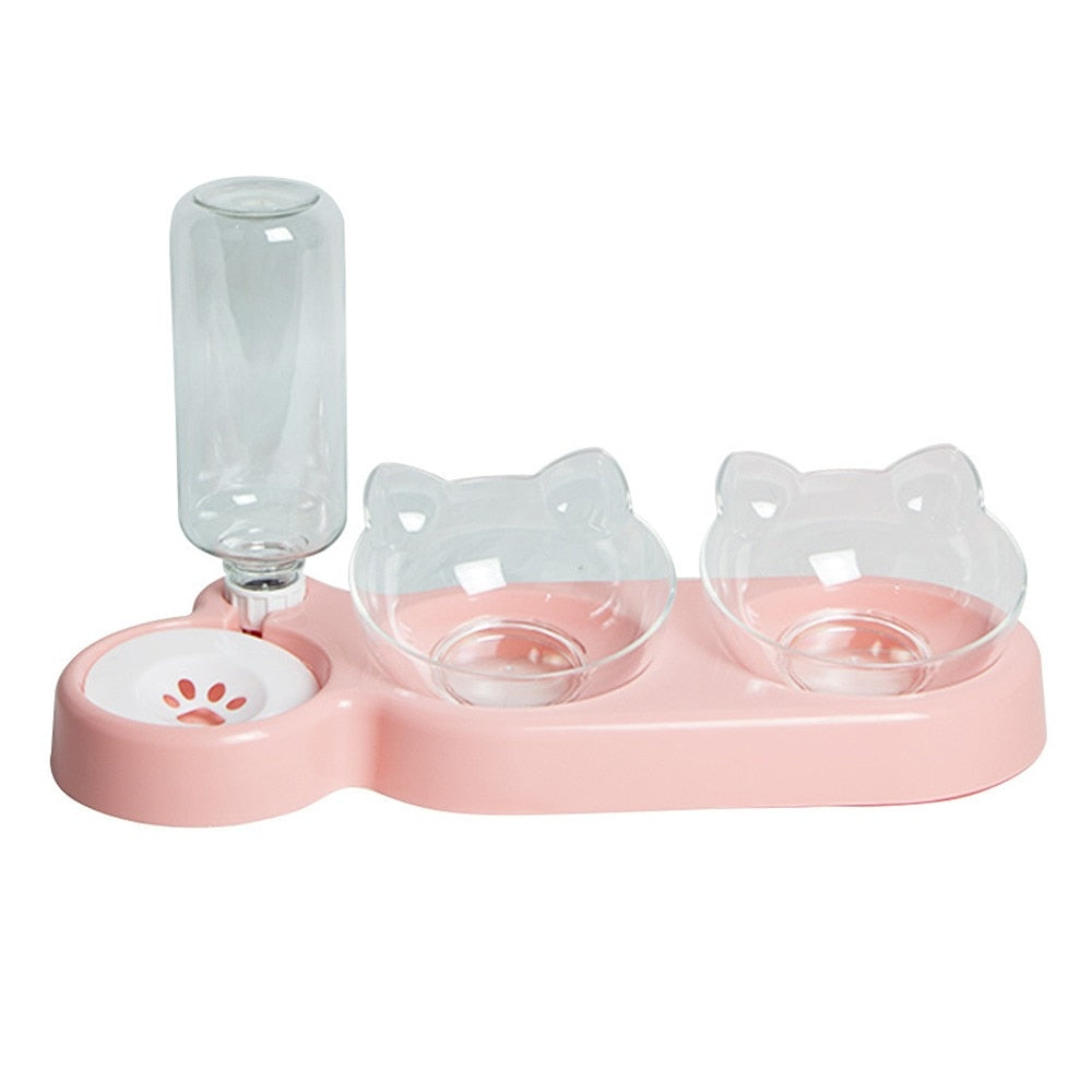 Double cat food bowl with integrated water dispenser - 1.8 liter capacity