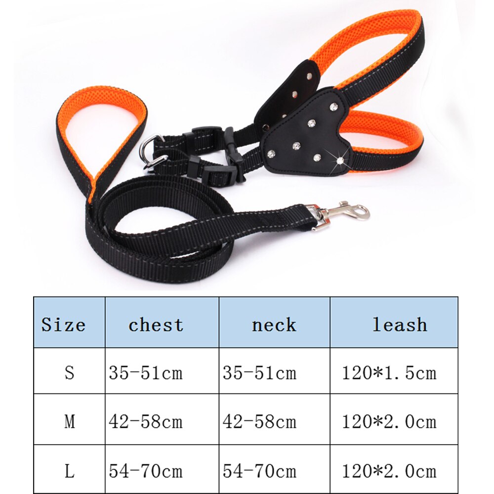 Harness and reflective collar in reinforced nylon for dogs - with rhinestones