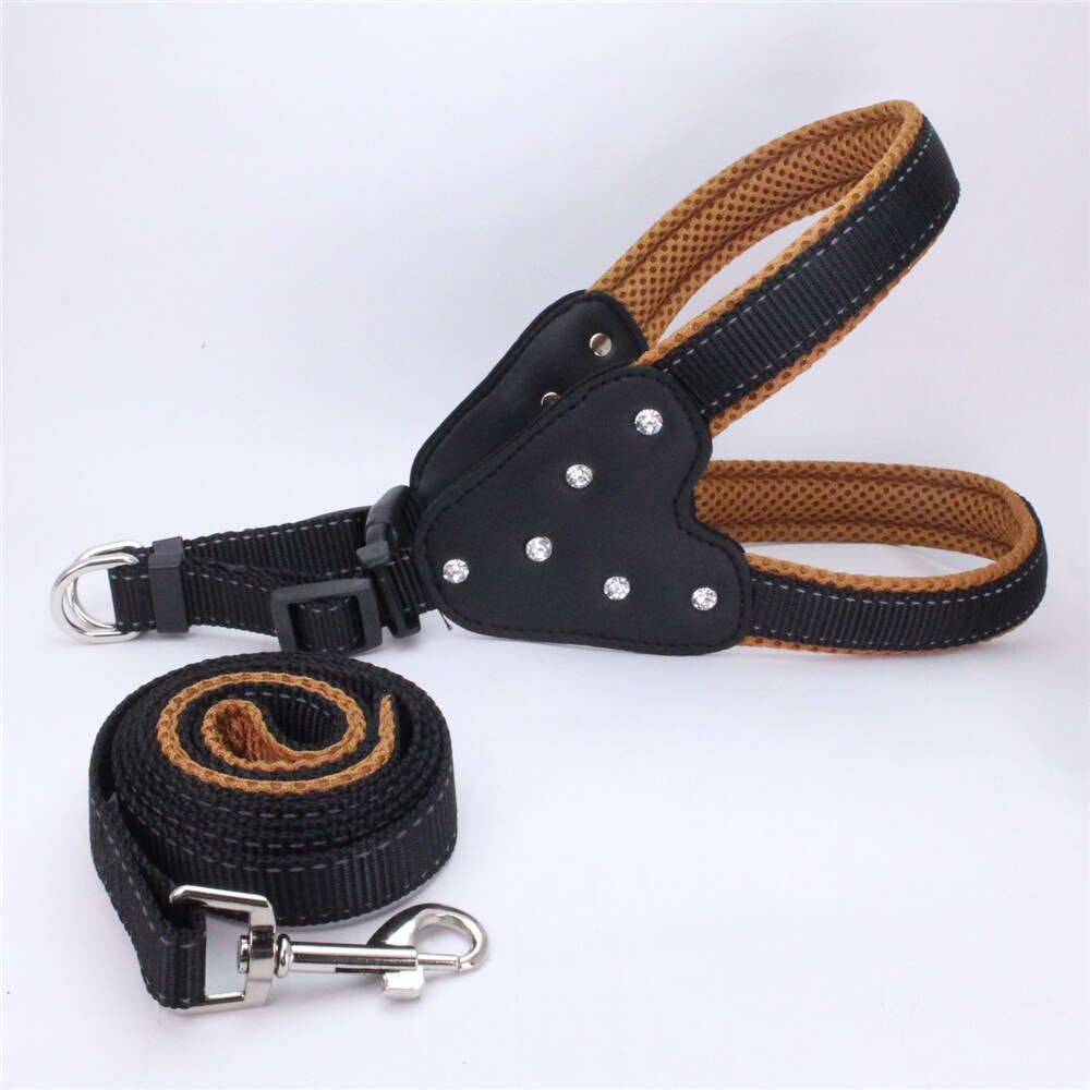 Harness and reflective collar in reinforced nylon for dogs - with rhinestones