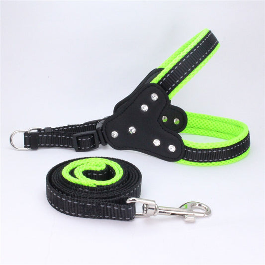 Harness and reflective collar in reinforced nylon for dogs - with rhinestones