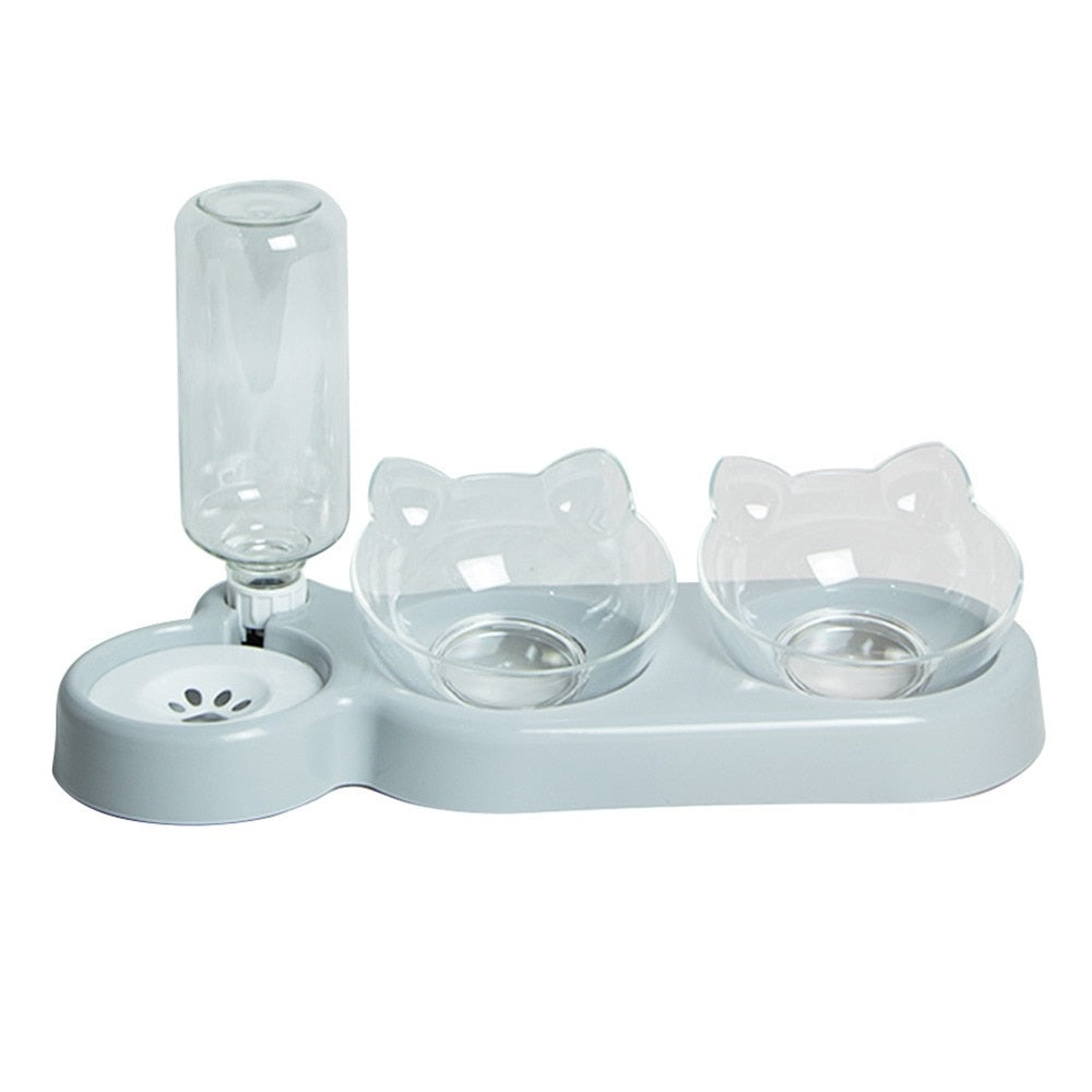Double cat food bowl with integrated water dispenser - 1.8 liter capacity