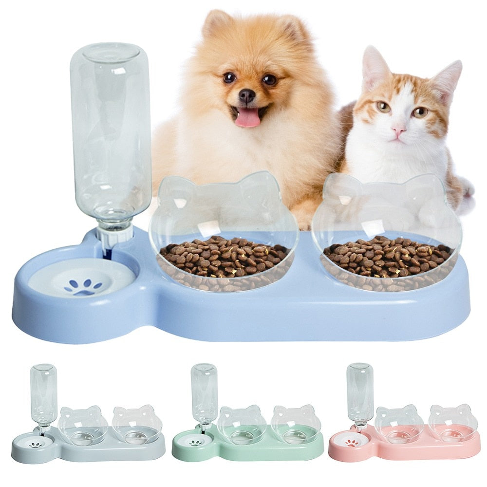 Double cat food bowl with integrated water dispenser - 1.8 liter capacity