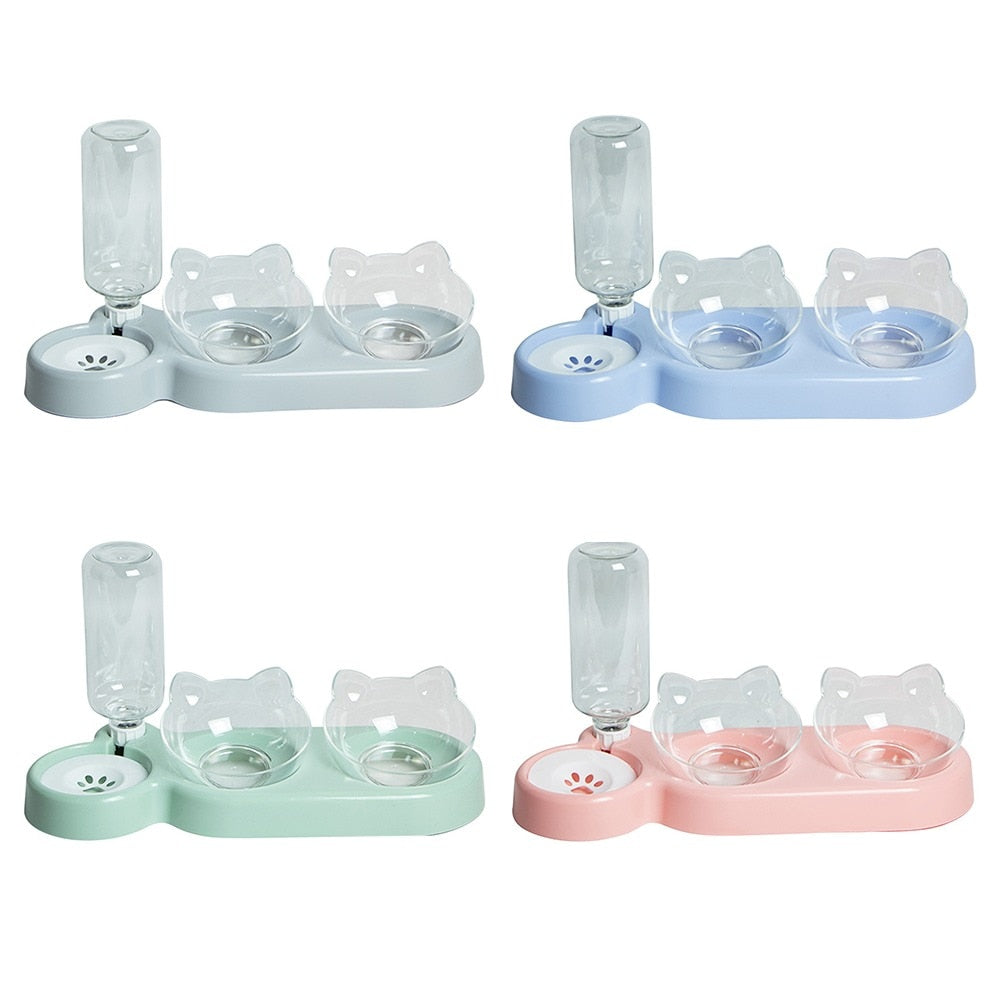 Double cat food bowl with integrated water dispenser - 1.8 liter capacity