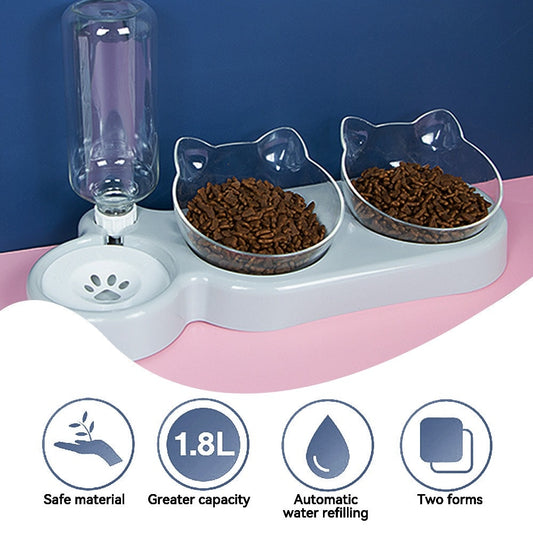 Double cat food bowl with integrated water dispenser - 1.8 liter capacity